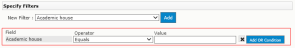 The Specify Filters section of the Create View screen, after a field has been selected